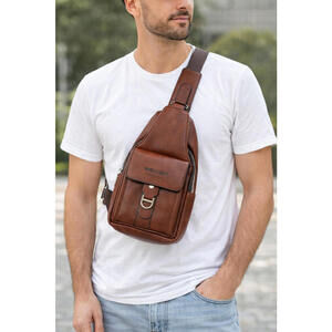 WEIXIER Brown Leather Sling Bag Chest Backpack Crossbody Travel Bag New